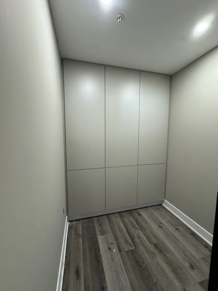 Finished basement storage room — floor-to-ceiling grey flush-panel cabinet wall with grey LVP flooring and white baseboard trim, recessed lighting overhead
