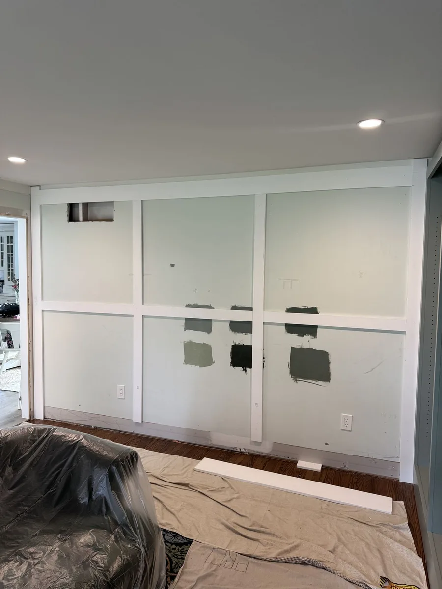 Custom cabinet installation in progress, family room renovation Newtown Square