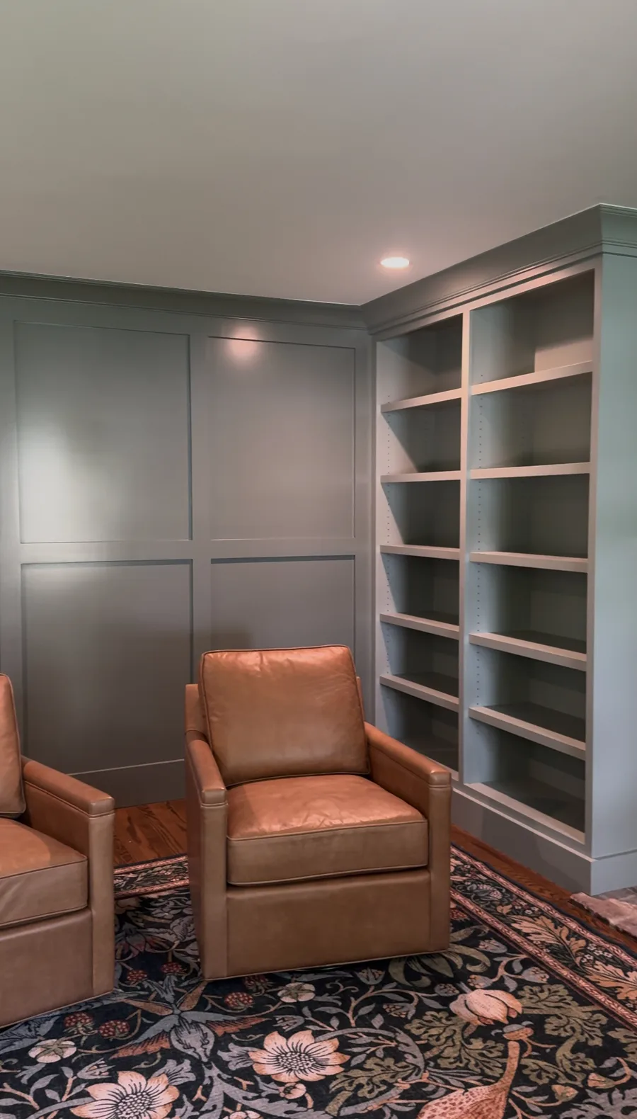 Finished MDF wall panels with leather armchairs, family room renovation Newtown Square PA