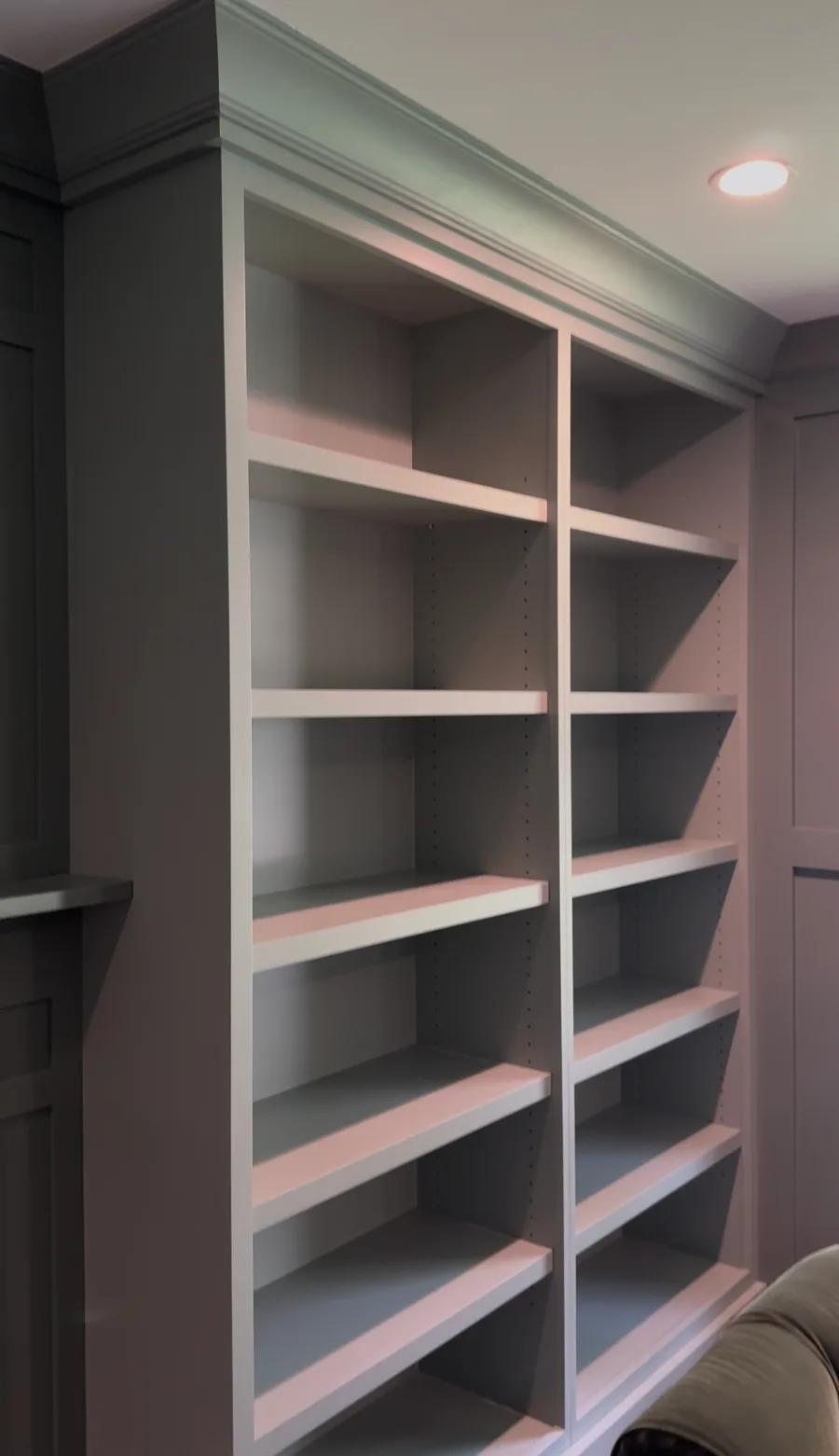 Built-in bookcase with crown moulding cap, family room Newtown Square PA